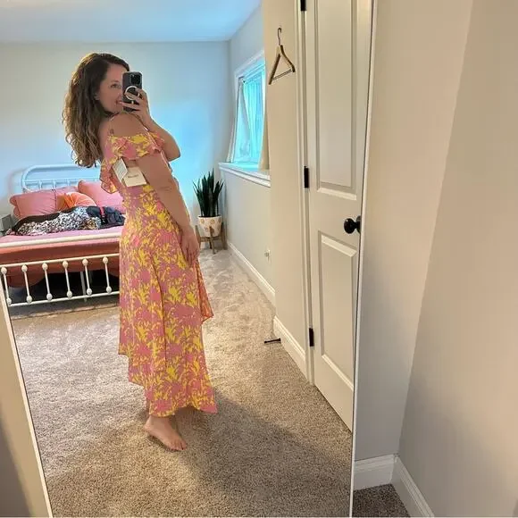 chinese dress ladies Mac Duggal Women's Floral Flounce Sleeve Maxi Dress - Yellow Multi main image 0